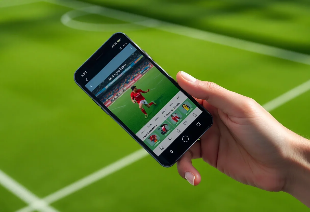 A smartphone showing a sports app interface held over a green soccer field.