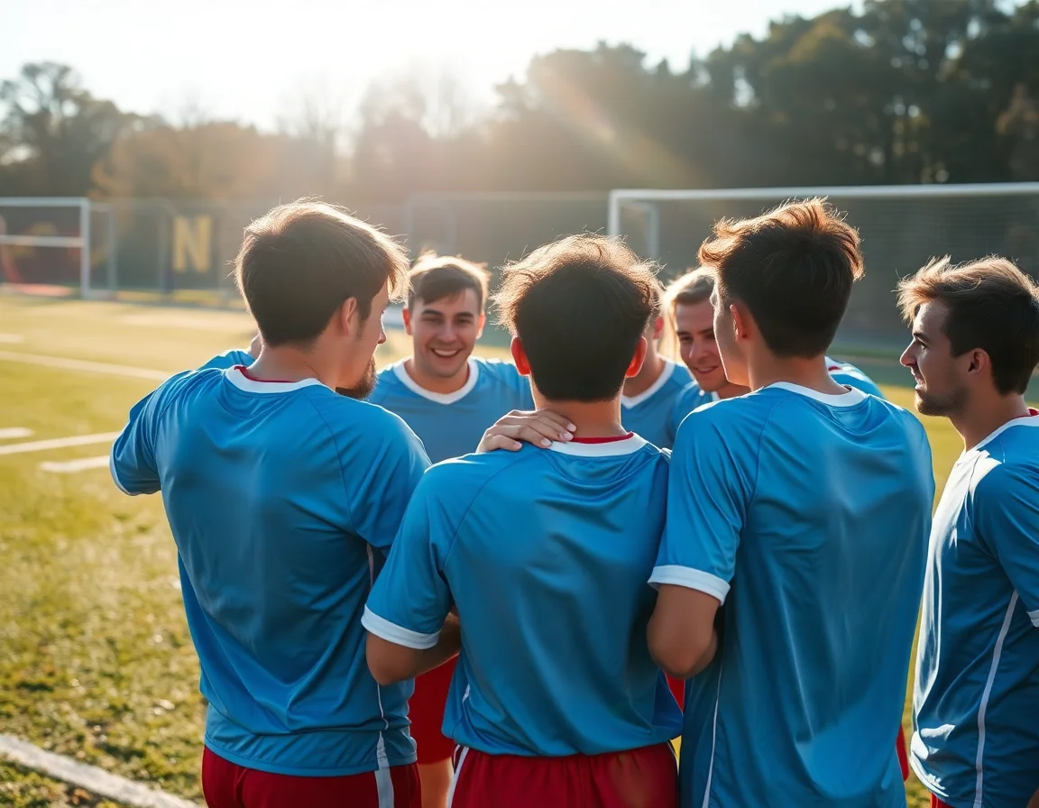 Amateur football players in a huddle showing team spirit before a match.