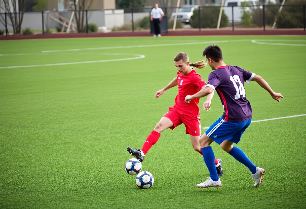 Amateur soccer players competing for the ball on a green field