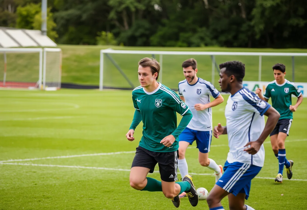 Amateur soccer players in action on a green field