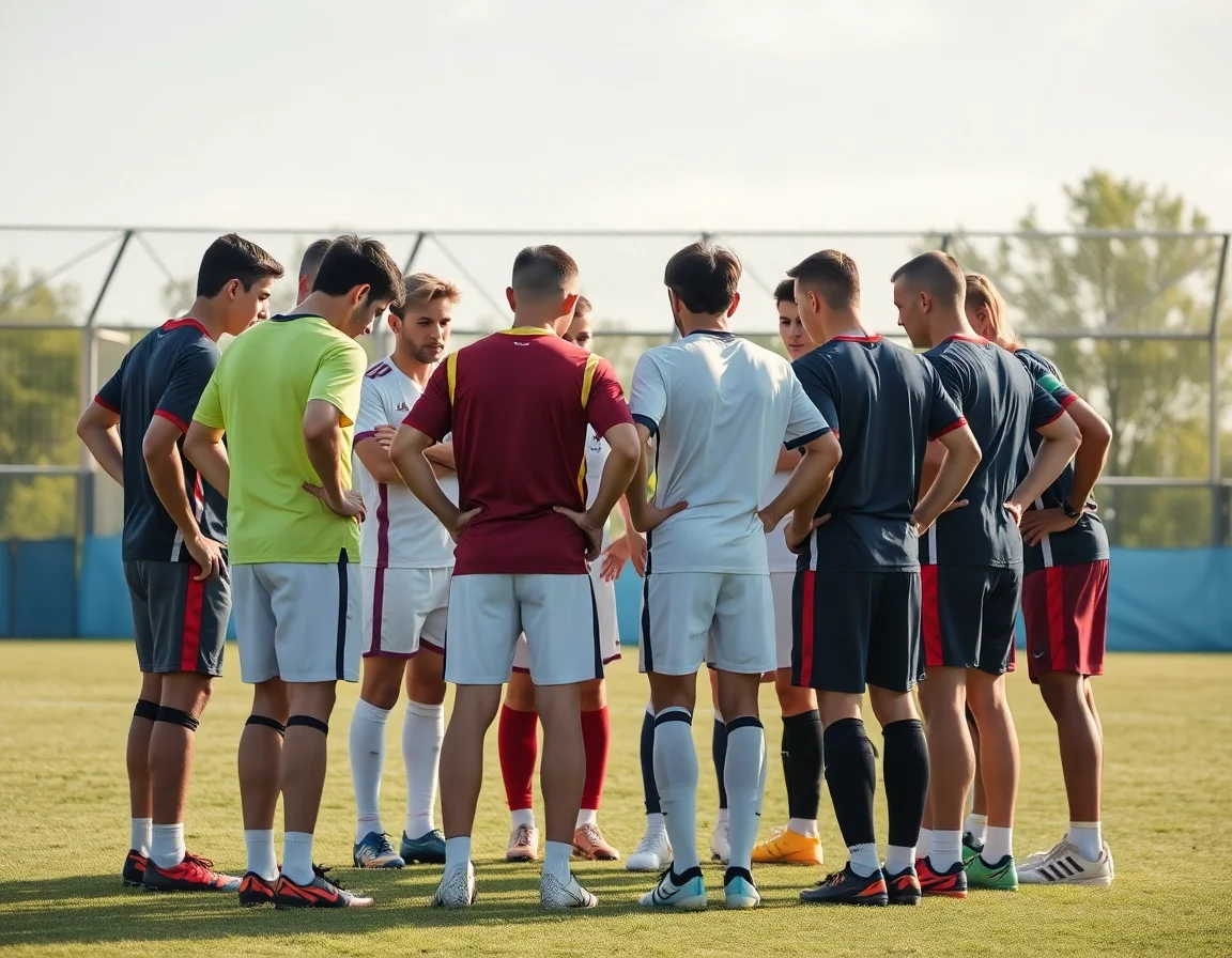 Amateur soccer team huddling together before a match