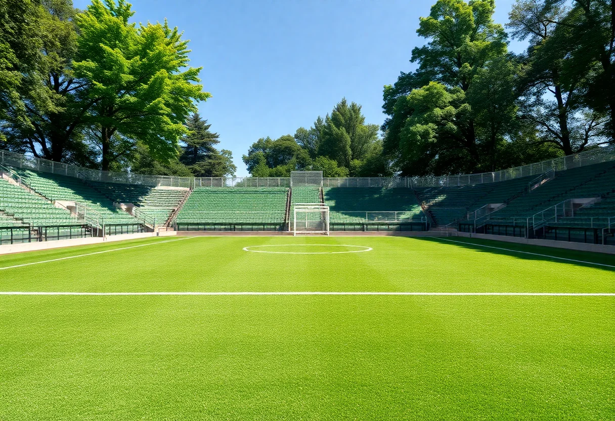An empty green artificial turf soccer field on a sunny day