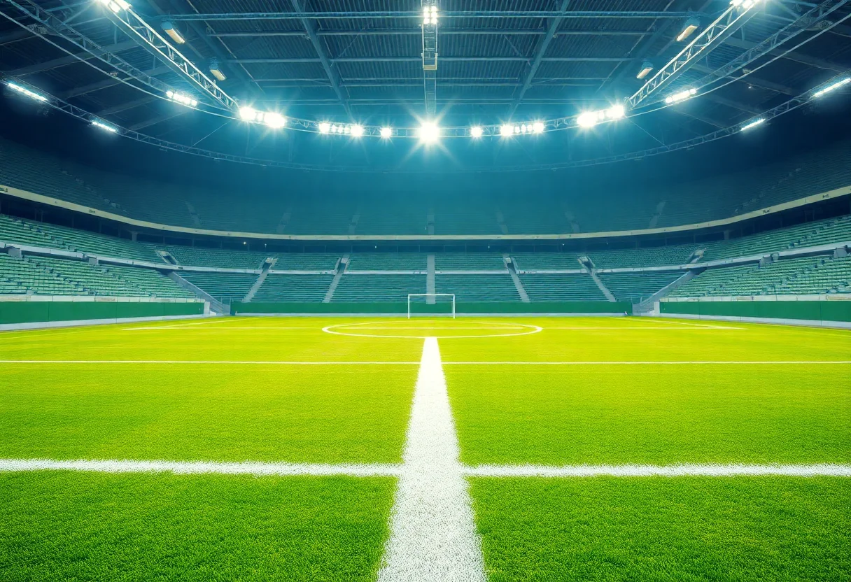 An empty soccer stadium with green grass and white lines under bright lights.