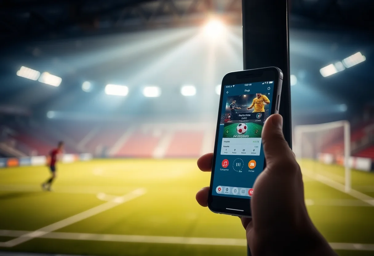 Smartphone displaying a sports app interface with a soccer field in the background