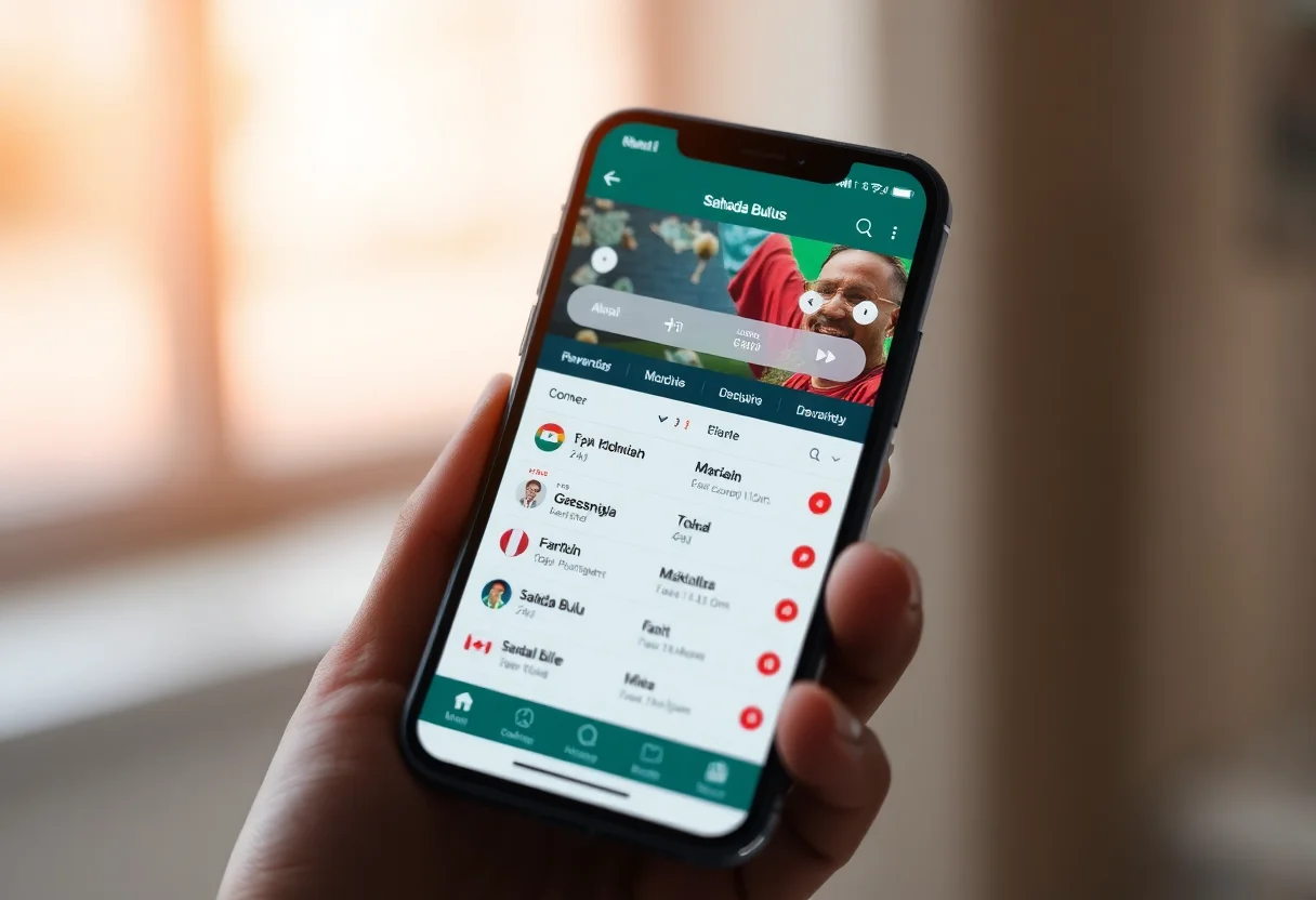 Smartphone displaying the Sahada Bulus app interface with a match schedule