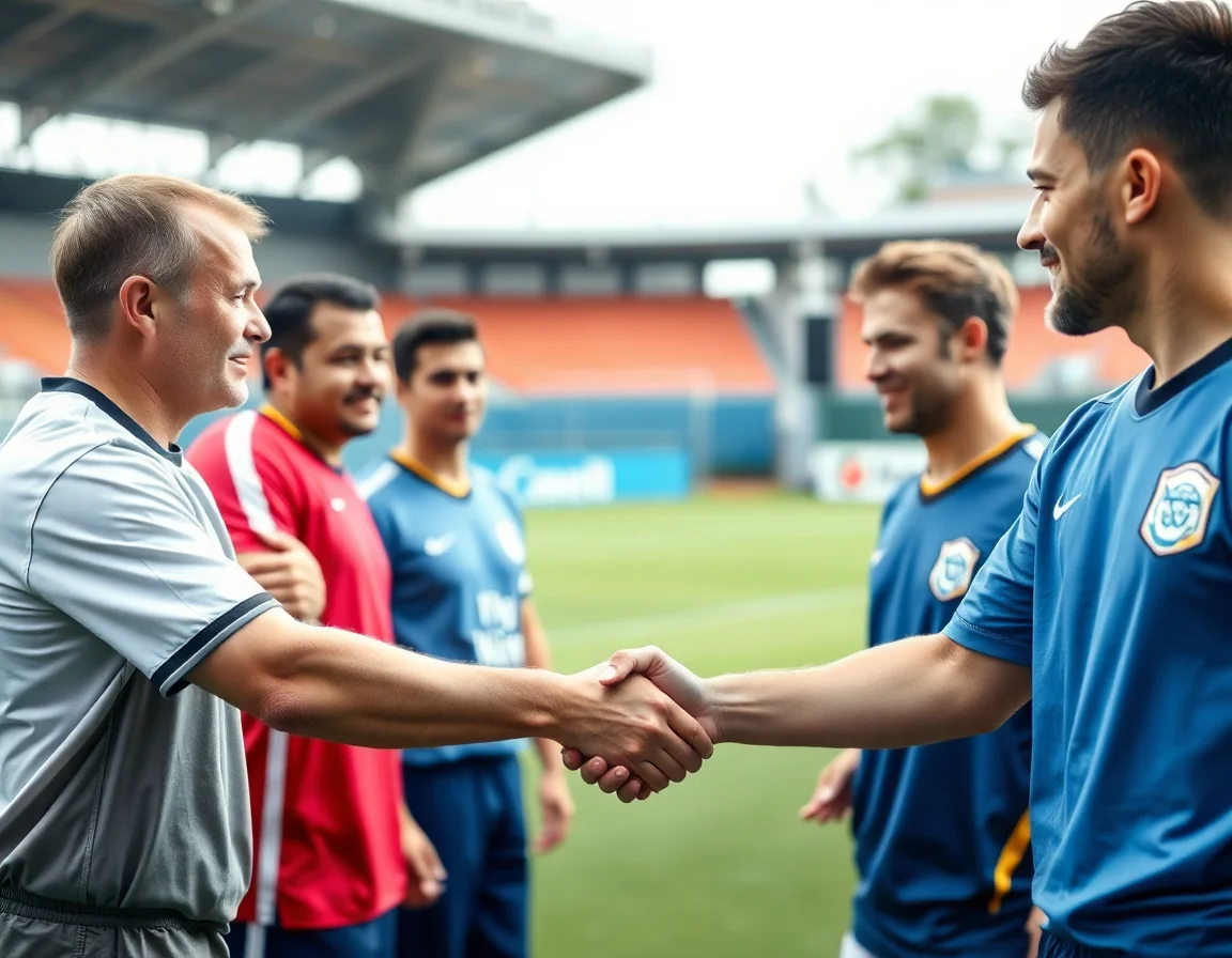 Two amateur sports teams shaking hands in a sign of fair play after a match